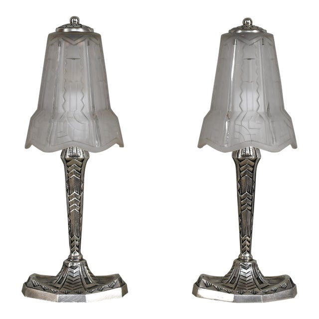 Maynadier Pair of French Art Deco Stepped Geometric Table Lamps - 1930s For Sale