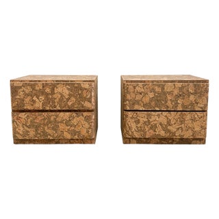 Vintage Pair of Cork Veneer Nightstands – 70s 80s Retro Postmodern For Sale