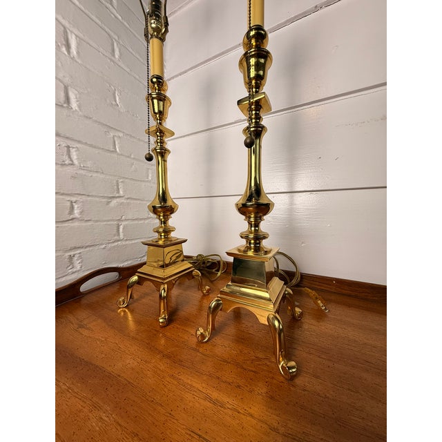 American Mid 20th Century Tall Brass Footed Lamps - a Pair For Sale - Image 3 of 13