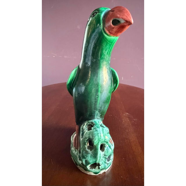 Late 19th Century Chinese Import Vintage Antique Ceramic Parrots With Beautiful Green Glaze. 8” Tall. Late 19th Early 20th Century, Approx. Quing Dynasty? For Sale - Image 5 of 11