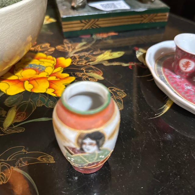 Asian Miniature Vintage Asian Style Vase With Woman and Fan Design For Sale - Image 3 of 5