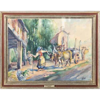 Jose Dias Sanches, Oxen Team with Figures, Watercolor on Paper For Sale