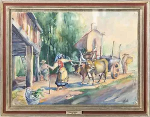 Jose Dias Sanches, Oxen Team with Figures, Watercolor on Paper