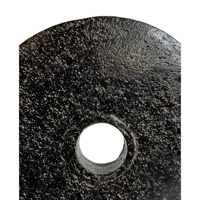 Contemporary Vintage Modern Minimalist Black Stone Disk Wheel on Stand For Sale - Image 3 of 5