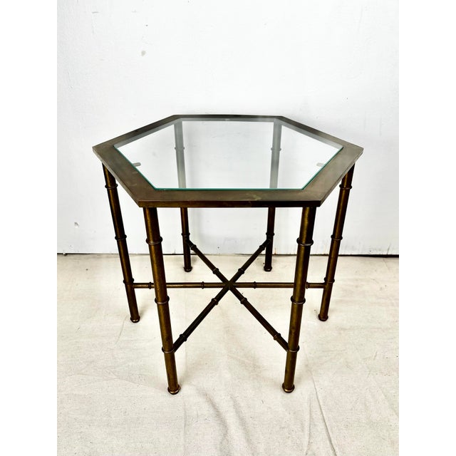 Hollywood Regency Vintage Mastercraft Brass Hexagonal Faux Bamboo Side Table For Sale - Image 3 of 11