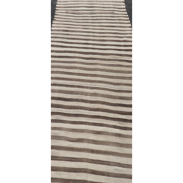 Vintage Turkish Kilim Runner Brown Stripe Ivory Neutral Wool Flatweave For Sale In Atlanta - Image 6 of 12