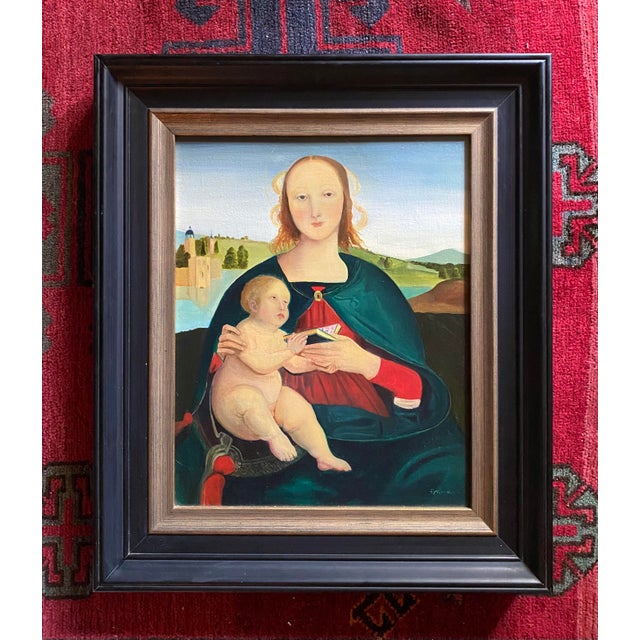 1990s Late 20th Century Madonna and Child Figurative Oil Painting; After Rafael. Framed. Signed. For Sale - Image 5 of 5