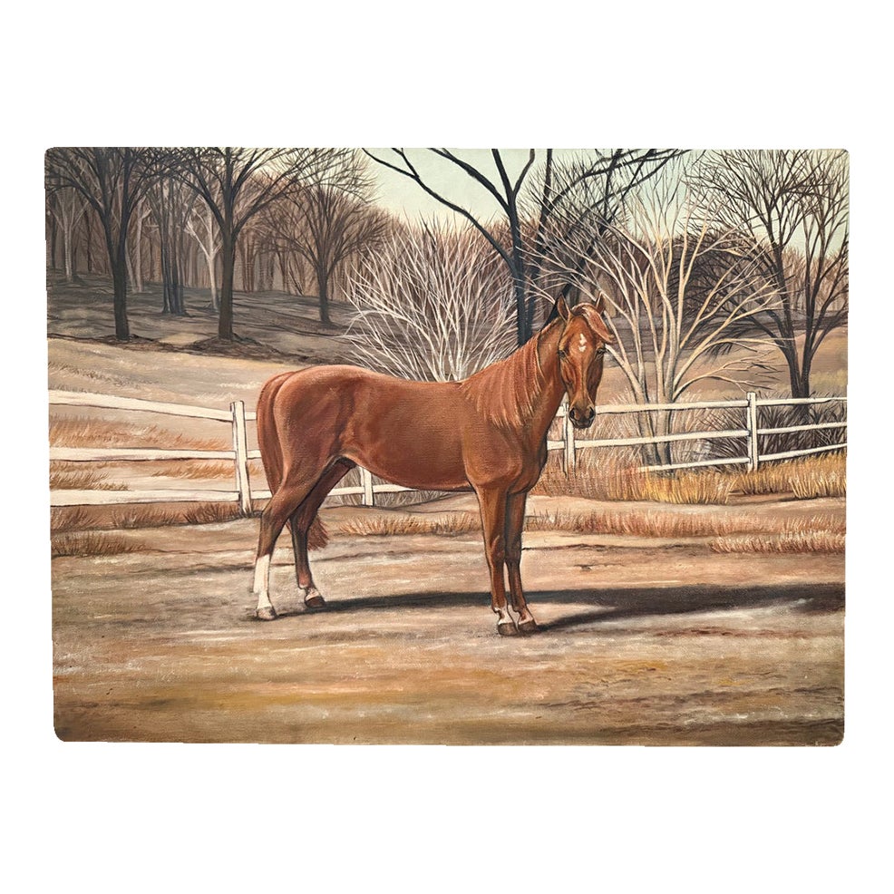 Mid Century Oil Painting of a Chestnut Horse in a Idyllic Winter Landscape