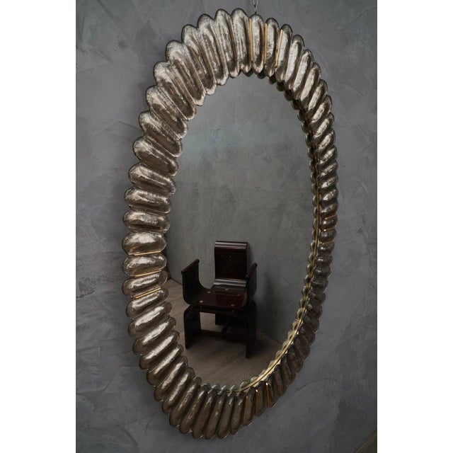 Mid-Century Style Oval Silver anf Murano Glass and Brass Wall Mirror, Italy, 2000 For Sale - Image 10 of 11