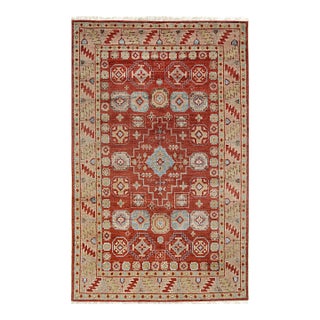 6x9 Penelope Traditional Coral Geometric Medallion Hand Knotted Wool Carpet Rug For Sale