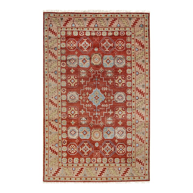 6x9 Penelope Traditional Coral Geometric Medallion Hand Knotted Wool Carpet Rug For Sale