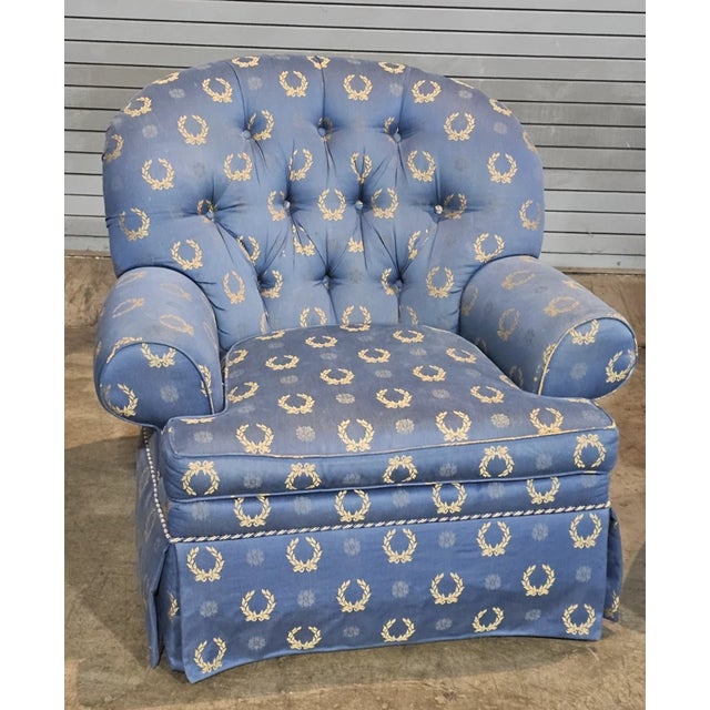 Late 20th Century Pair of Charles Stewart Club Chairs Prussian Blue Napoleonic Tufted Fabric For Sale - Image 4 of 12