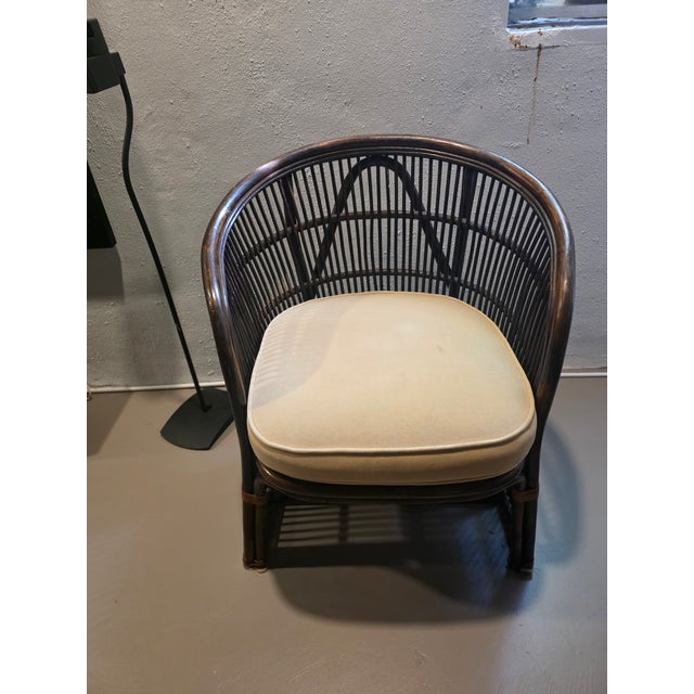 Cream Pair of Rattan and Bamboo Barrel Back Armchairs With Cream Cushions For Sale - Image 8 of 11