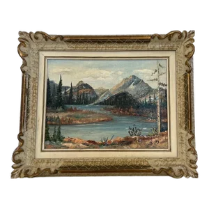 Vintage Teton Mountains Scenic Landscape Framed 1971 Painting by f.d. Lessley.