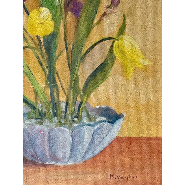Early 20th Century Art Deco Still Life of Irises and Tulips With Bird, Oil on Board, Framed For Sale - Image 11 of 13