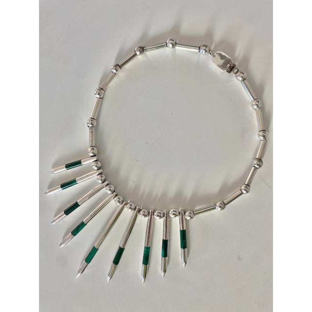 Metal Taxco Sterling Silver + Malachite Modernist Necklace, Mexico 1970s For Sale - Image 7 of 13