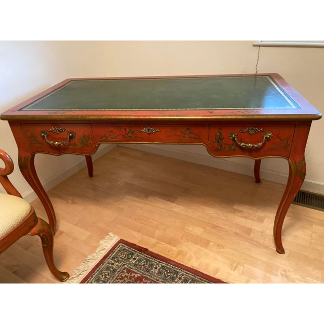 Baker Furniture Company Vintage Baker Queen Anne Scarlet Japanned Desk/ Bureau Plat Conforming Chair For Sale - Image 4 of 12