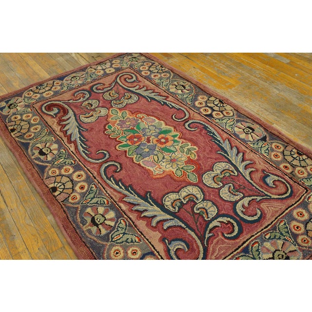 American 1890s Pink Medallion Folk Art Antique American Hooked Rug 3'10" X 6'0" Handknotted Wool Carpet For Sale - Image 3 of 9