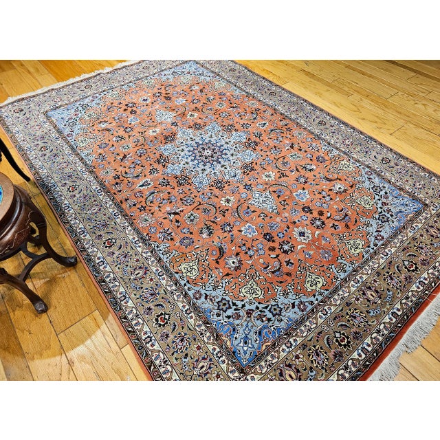 Persian Tabriz Rug, Hand-Knotted Wool & Silk, Fine Floral Pattern, Terracotta & Blue, 7x10 For Sale - Image 4 of 14