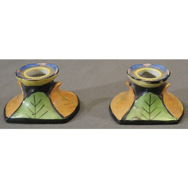 Art Deco 1930’s Japanese Art Deco Lustreware Porcelain Hand-Painted Leaf Motifs Candlesticks (Showa Period) - A Pair For Sale - Image 3 of 7
