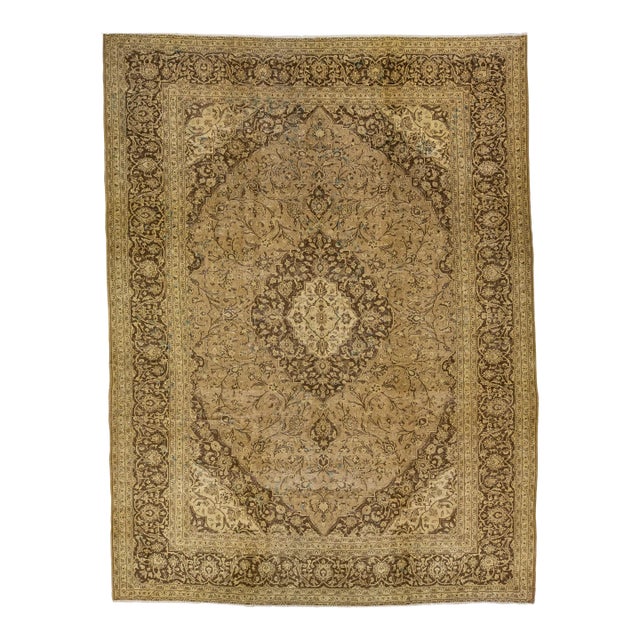 1960s Vintage Persian Tabriz Handmade Beige Wool Rug 10 X 13 For Sale