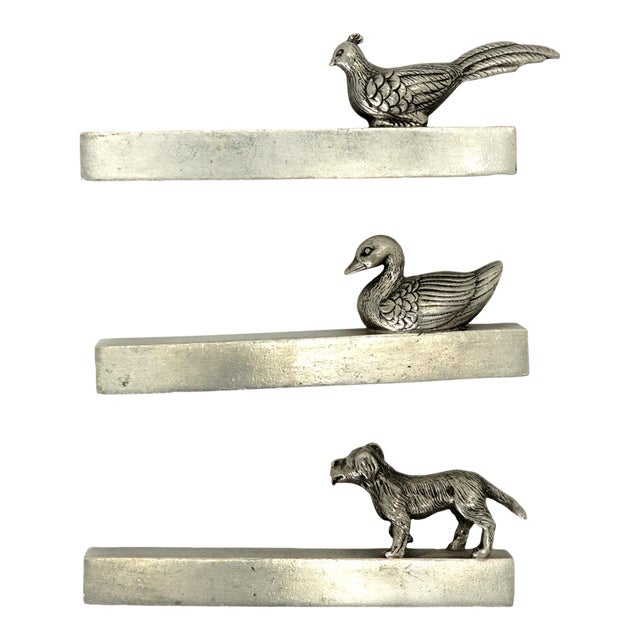 Vintage Set of Three Etain Royal Rue De France Pewter Knife Rests Duck, Pheasant, and Dog For Sale