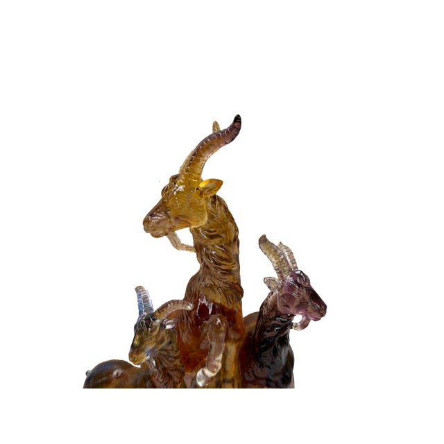 Golden Orange 3 Rams Crystal Glass Fengshui Display Art Figure For Sale - Image 9 of 12
