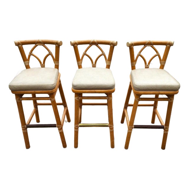 McGuire Bamboo Bar Stools With Leather Seats, 1970s Bohemian Style For Sale