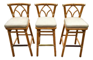 McGuire Bamboo Bar Stools With Leather Seats, 1970s Bohemian Style