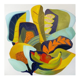 Marc Zimmerman "Floral and Fruits" Oil Painting, Tropical Still Life, Yellow and Teal Palette, Botanical and Fruit Forms, Contemporary Art West Coast For Sale