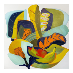 Marc Zimmerman "Floral and Fruits" Oil Painting, Tropical Still Life, Yellow and Teal Palette, Botanical and Fruit Forms, Contemporary Art West Coast