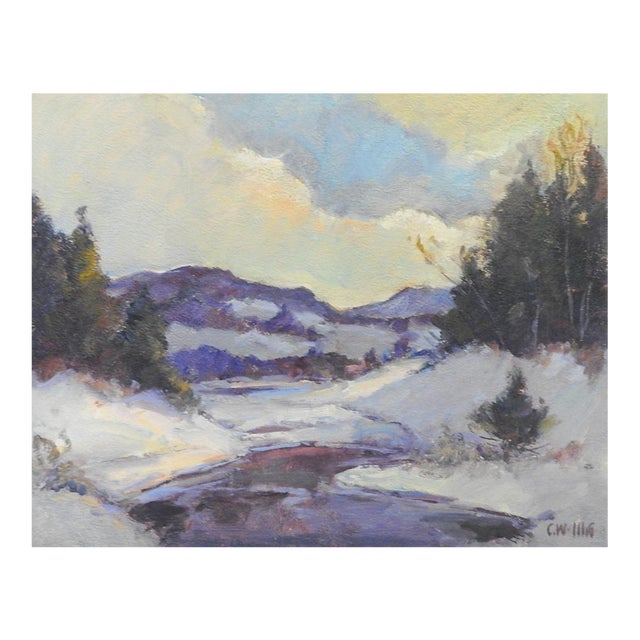 Mid 20th Century Impressionist Snowy Winter River Landscape Painting For Sale