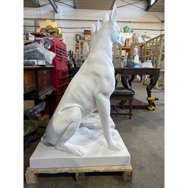 Monumental Hand-Carved White Marble Doberman Statues, Set of 2 For Sale - Image 4 of 5