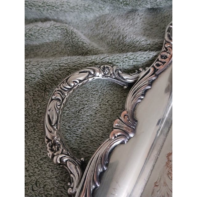 Metal 1940s Large Silverplate Over Copper Waiter Tray Flowers and Scrolls For Sale - Image 7 of 7