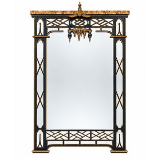 Italian Chinese Chippendale Style Pagoda & Fretwork Faux Marble Painted Mirror For Sale