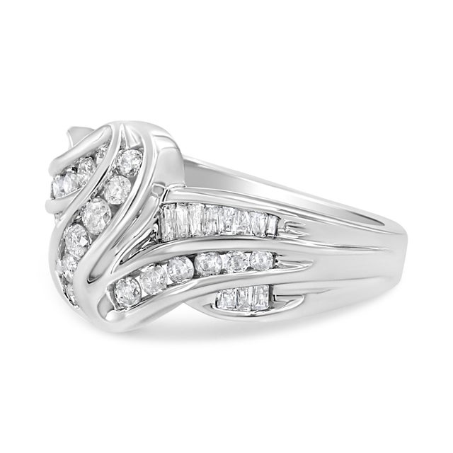 Contemporary 10K White Gold Ring 3/4 Cttw Round and Baguette-Cut Diamond Bypass Ring (H-I Color, I2-I3 Clarity) - Size 6 For Sale - Image 3 of 6