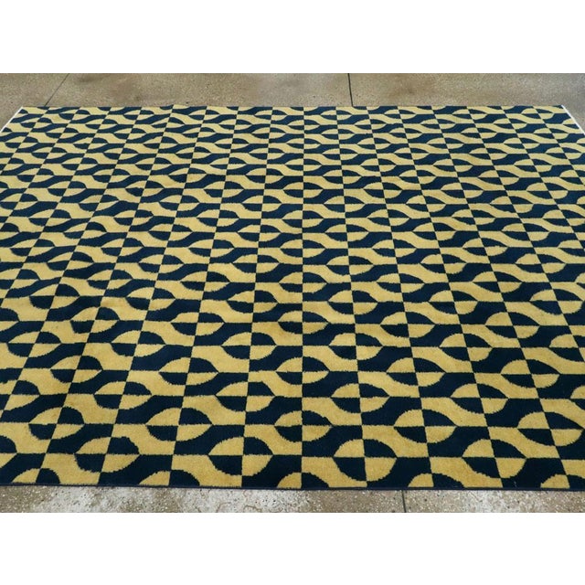 Navy Blue Galerie Shabab Collection Mid-20th Century Handmade Turkish Art Deco Accent Rug in Yellow and Blue For Sale - Image 8 of 10