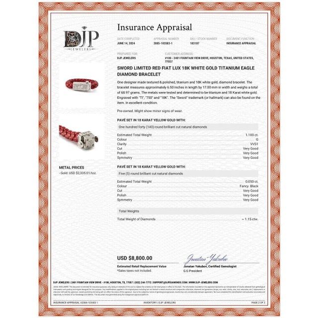 Red Sword Limited Red Fiat Lux 18k White Gold Titanium Eagle Diamond Bracelet For Sale - Image 8 of 8