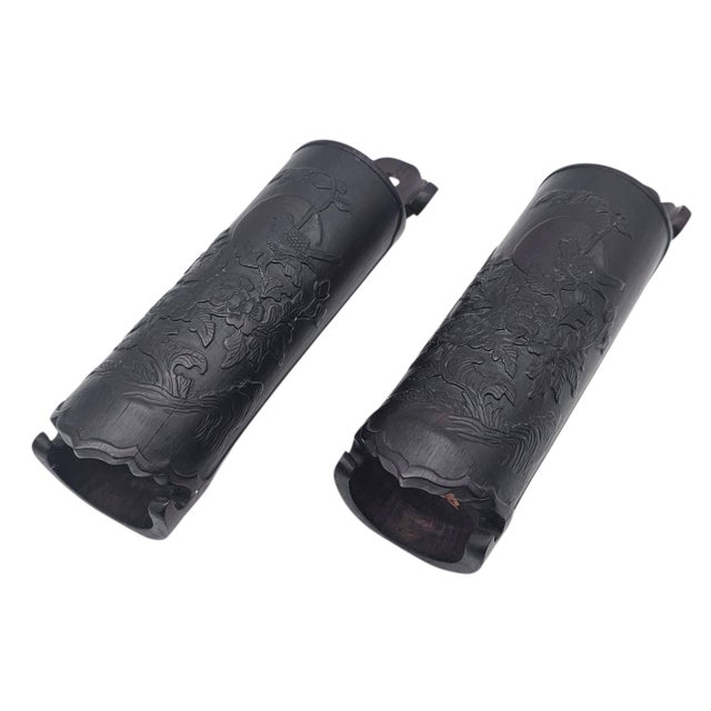 Chinoiserie Pair Chinese Style Hand-Carved Hardwood Wall Brush or Scroll Holders 10" For Sale - Image 3 of 15