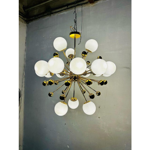 Vintage Italian Sputnik Chandelier in Brass and Opaline Glass, 1970s For Sale - Image 3 of 9