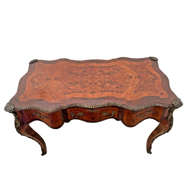 French Antique French Desk Three Dovetail Drawers Brass Ormolu Hand Cut Floral Inlays For Sale - Image 3 of 13