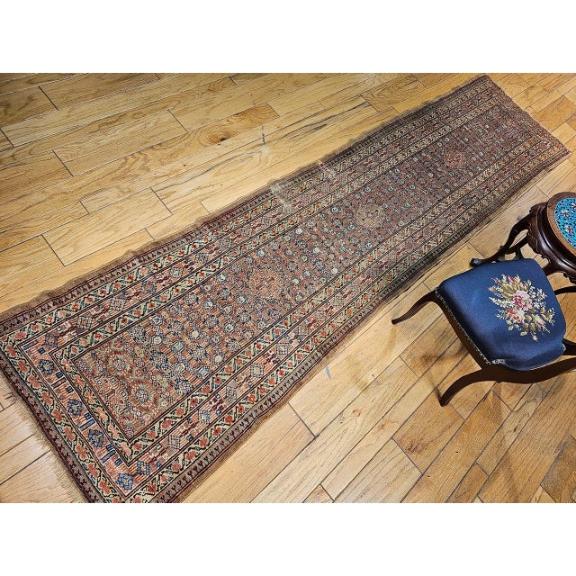 Antique Persian Serab Camel Hair Runner Rug, Hand-Knotted Wool, Allover Geometric Pattern, Red & Green, 3x12 For Sale In Chicago - Image 6 of 18