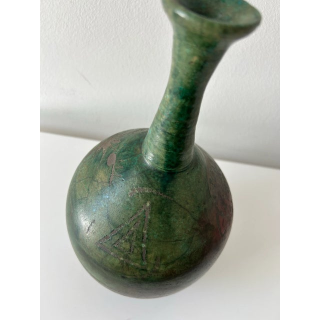 Suontouping Green & Bronze Glaze Raku Vessel With Symbols, Signed and Numbered For Sale - Image 11 of 12
