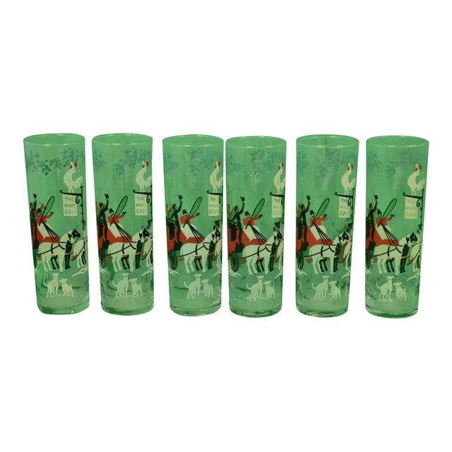 1960s Vintage White Cock Stage Coach Inn High-Ball Glasses - Set of 6 For Sale