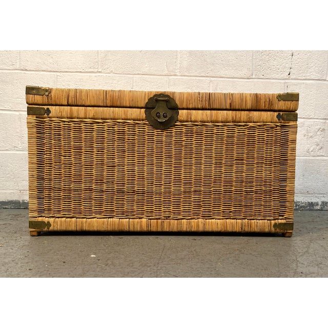 Add timeless character and exotic charm to your space with this beautiful vintage Asian Chinoiserie wicker trunk....