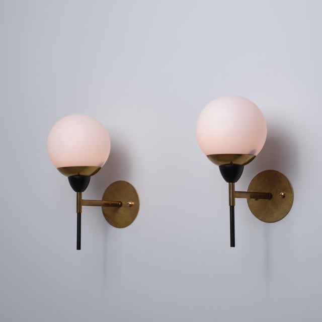 Vintage Italian Wall Sconces in Brass with Black Metal and Opaline Glass, 1950s, Set of 2 For Sale - Image 10 of 10