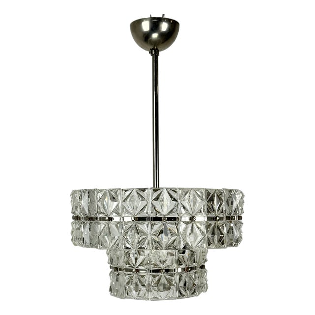 Mid-Century Modern Crystal Glass Plates & Chrome Chandelier from Targetti Sankey, Italy, 1960s For Sale