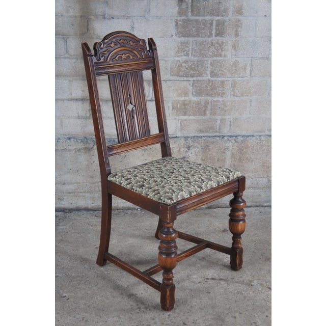 5 Antique Bernhardt English Jacobean Style Carved Oak Dining Room Chairs For Sale - Image 10 of 12