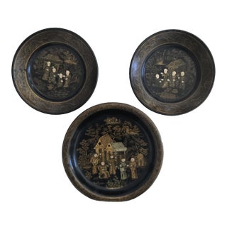 Antique Chinoiserie Papier Mache Set of 3 Small Plates For Sale