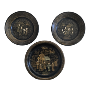 Antique Chinoiserie Papier Mache Set of 3 Small Plates